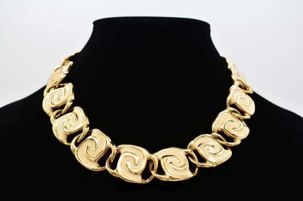 Vintage Cream Enamel Swirl Statement Necklace Collar Gold Chunky Heavy 80s BinY